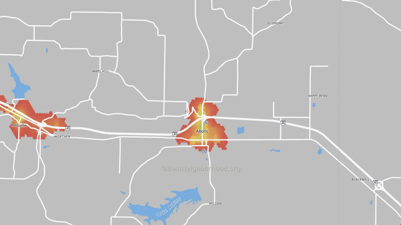 Walk Grade map of 72823, AR, walkable areas in green and car-dependent areas in red