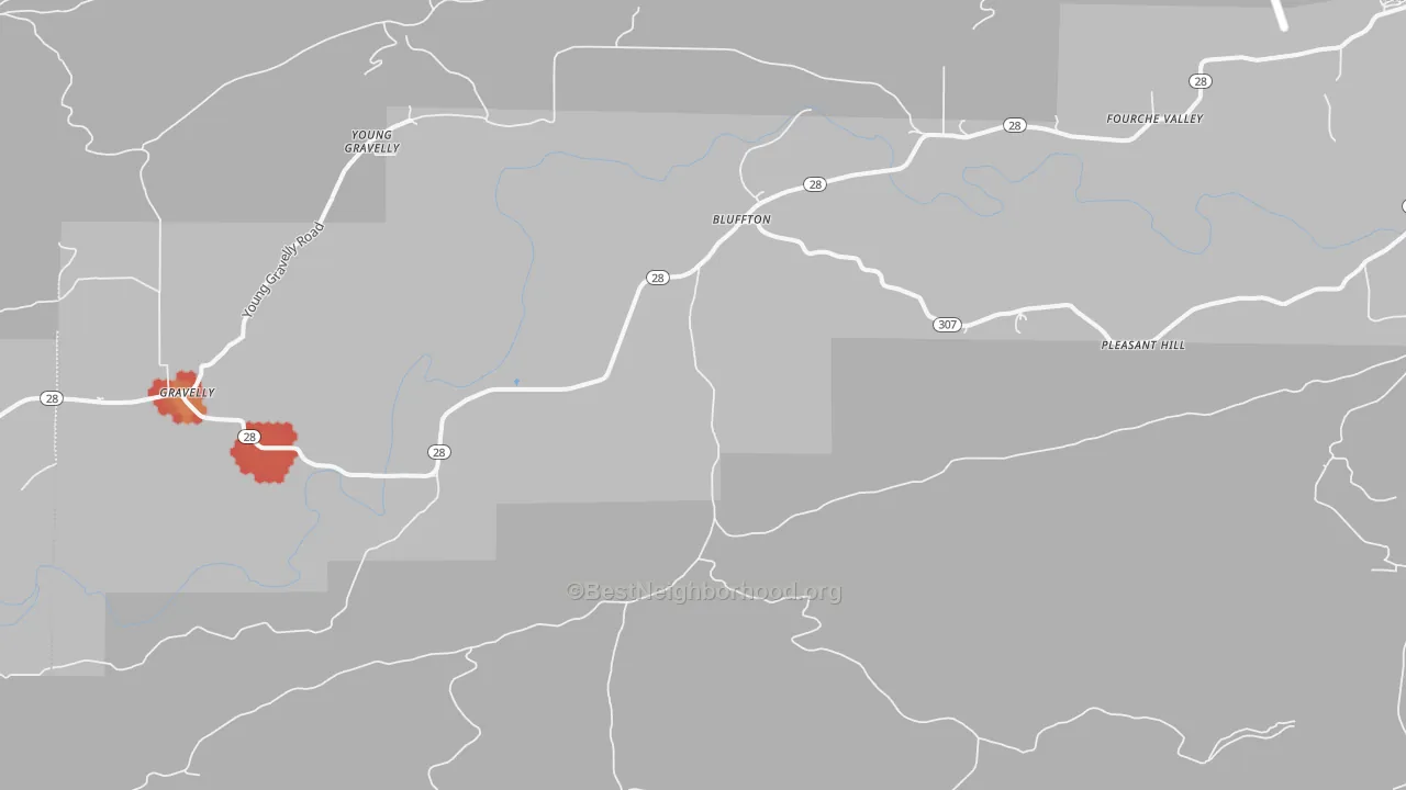 Walk Grade map of 72827, AR, walkable areas in green and car-dependent areas in red