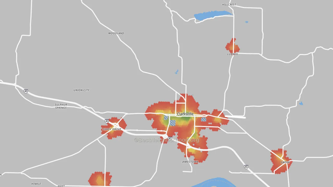 Walk Grade map of 72830, AR, walkable areas in green and car-dependent areas in red