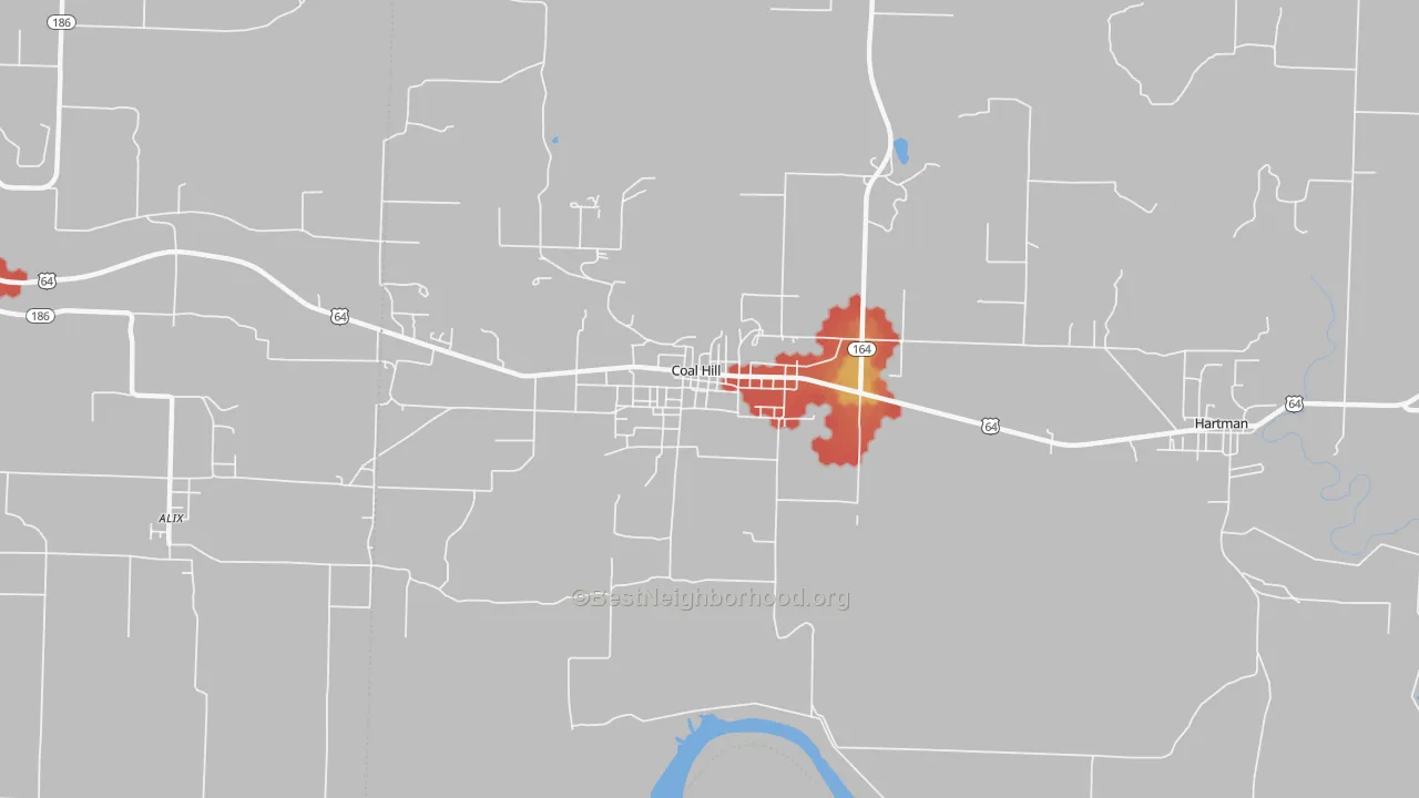 Walk Grade map of 72832, AR, walkable areas in green and car-dependent areas in red