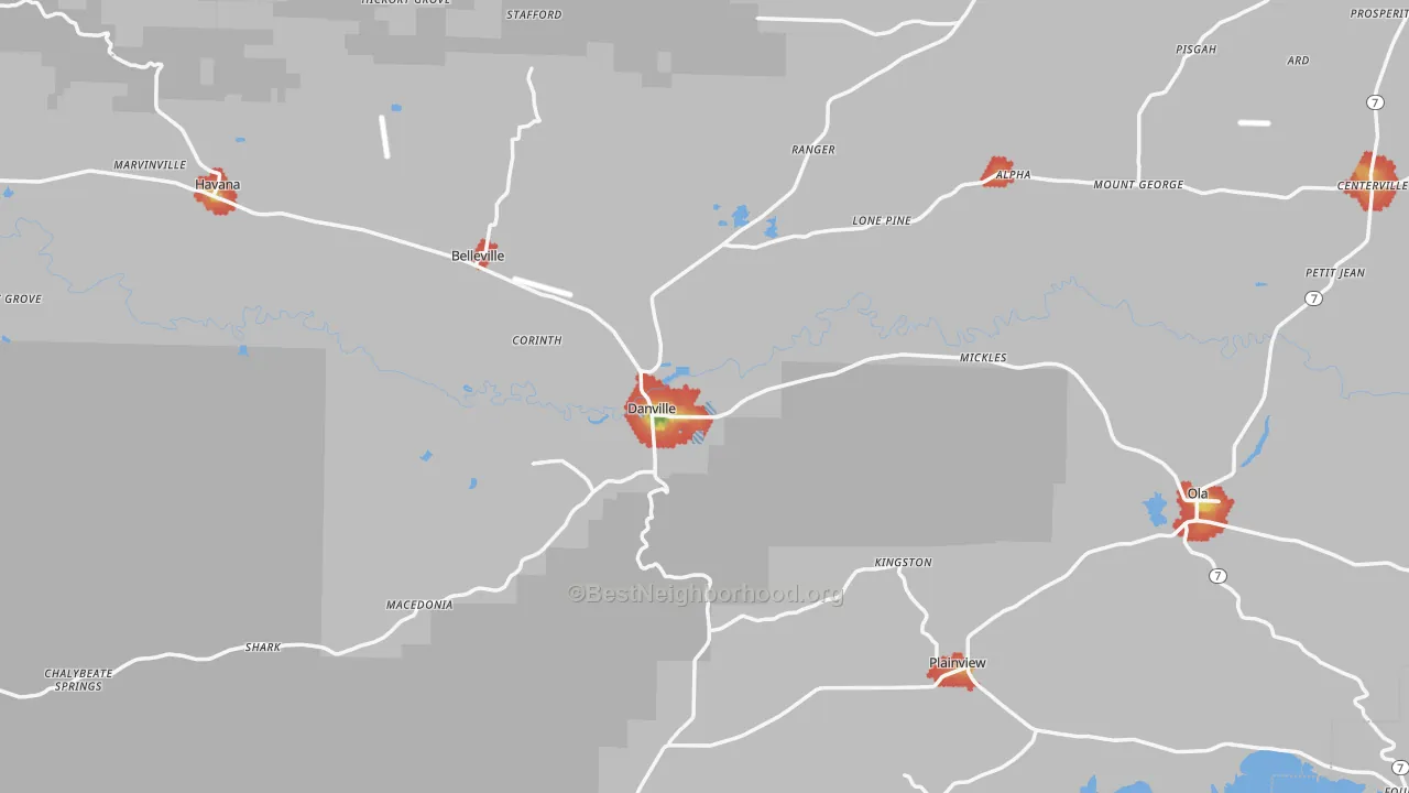 Walk Grade map of 72833, AR, walkable areas in green and car-dependent areas in red