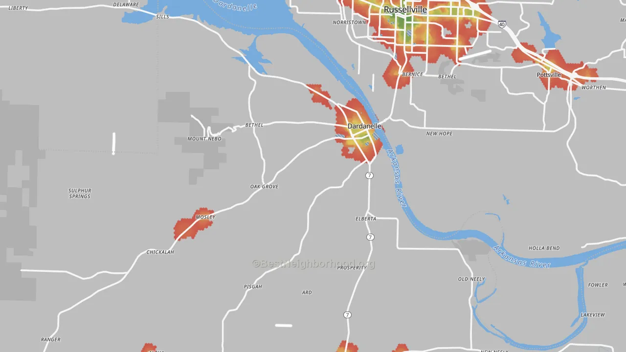 Walk Grade map of 72834, AR, walkable areas in green and car-dependent areas in red