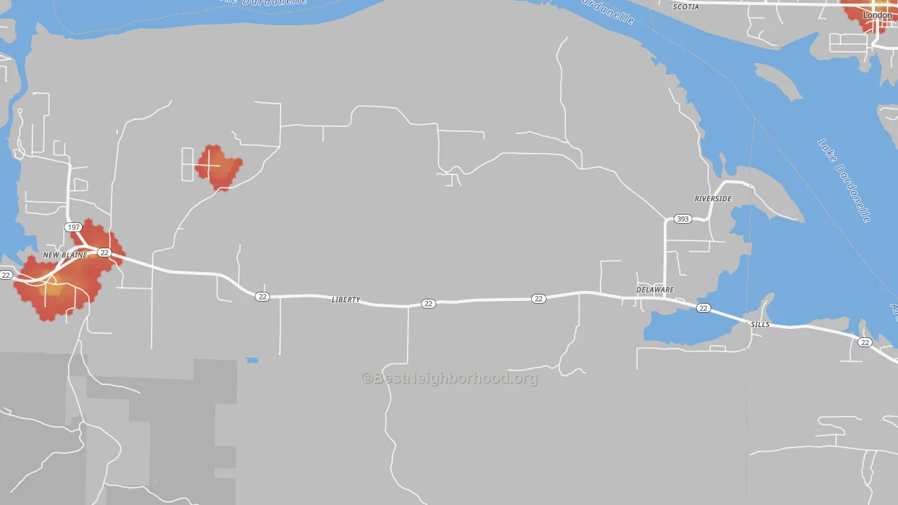 Walk Grade map of 72835, AR, walkable areas in green and car-dependent areas in red