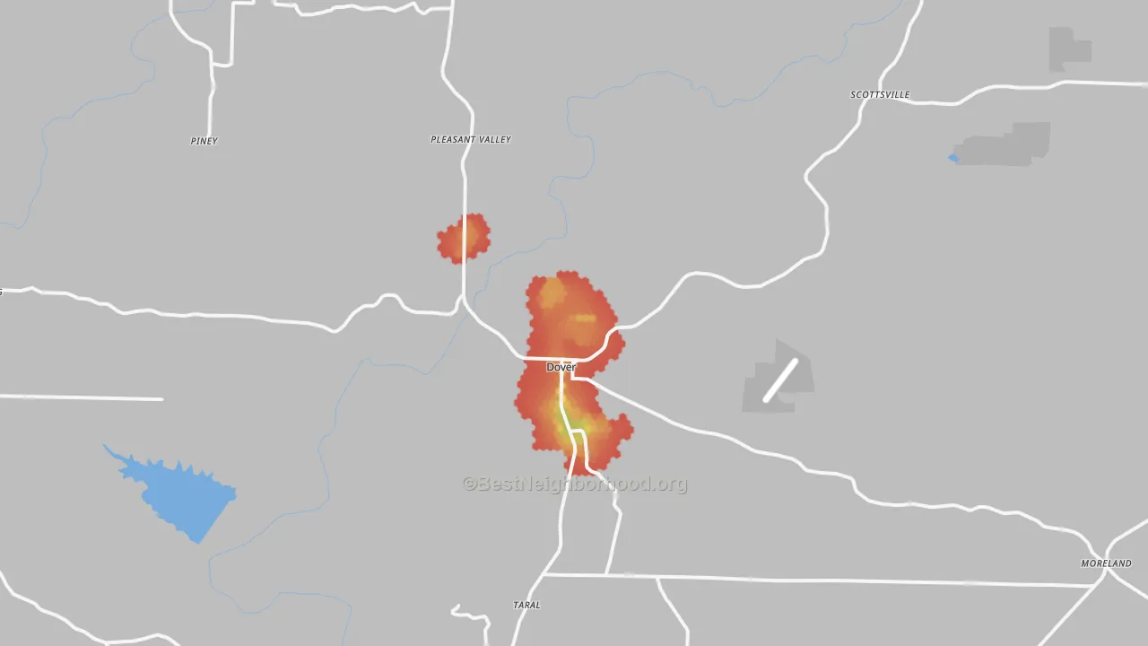 Walk Grade map of 72837, AR, walkable areas in green and car-dependent areas in red