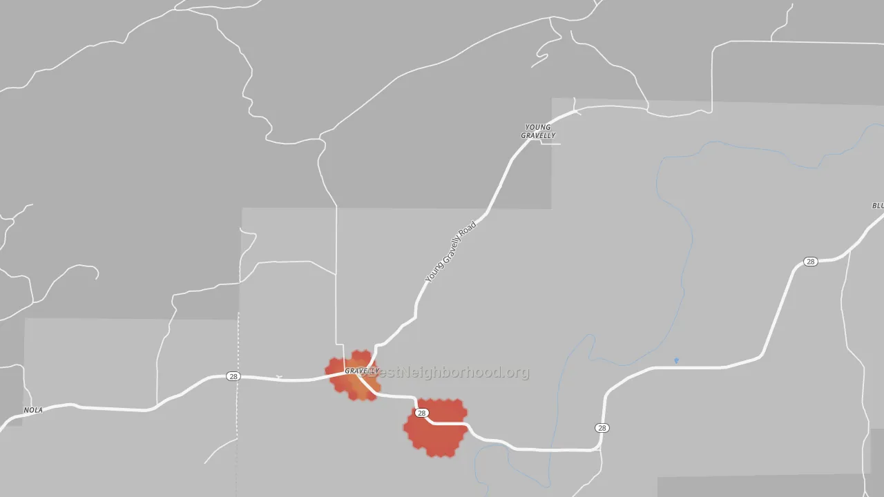Walk Grade map of 72838, AR, walkable areas in green and car-dependent areas in red