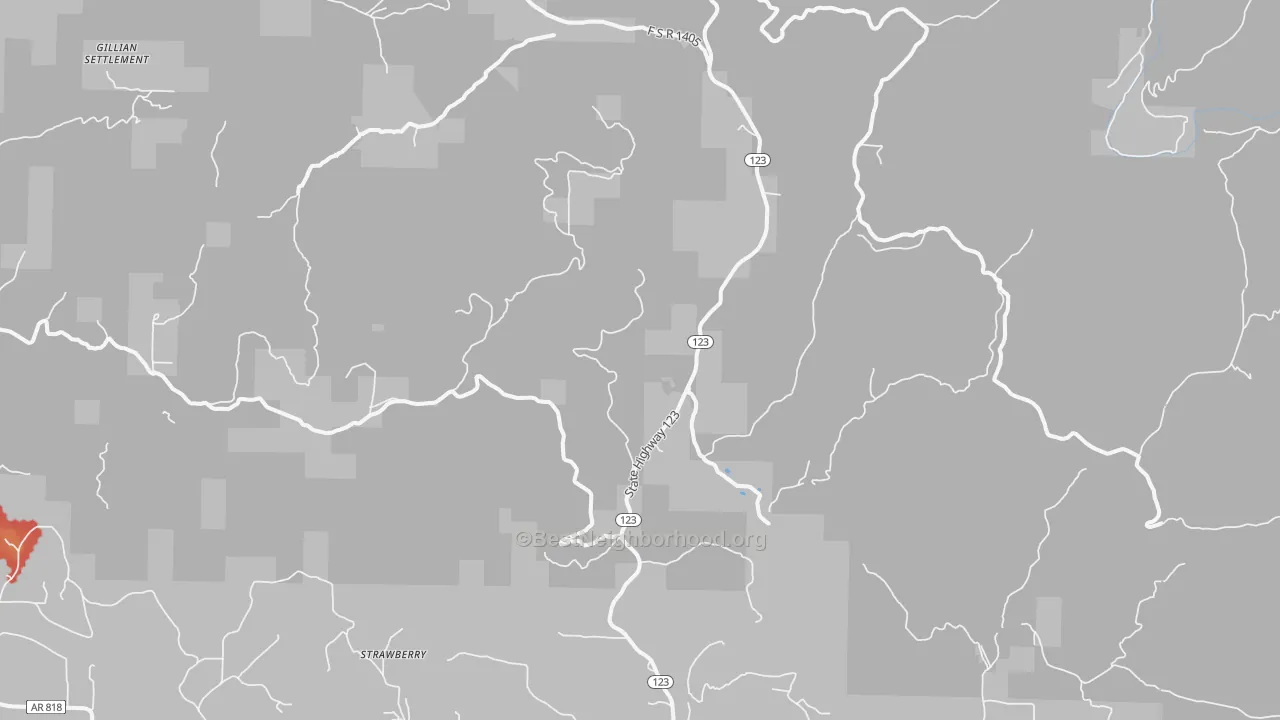 Walk Grade map of 72839, AR, walkable areas in green and car-dependent areas in red