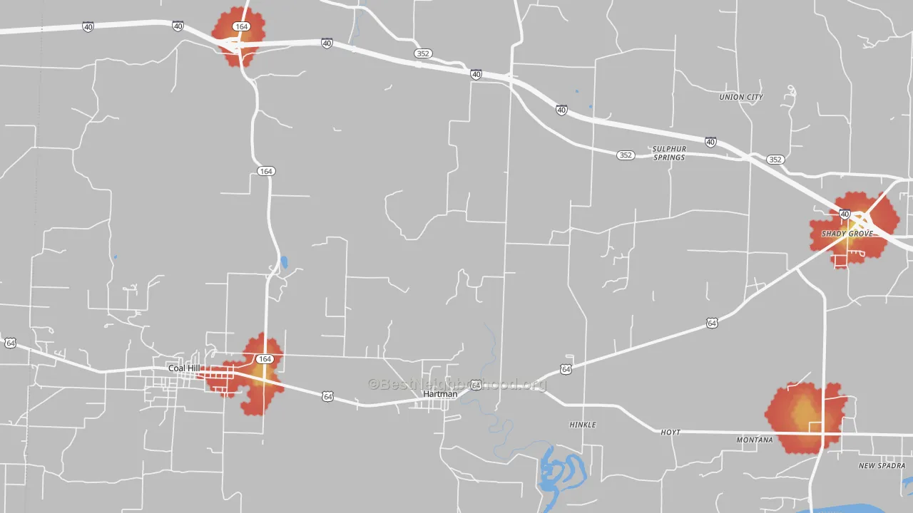 Walk Grade map of 72840, AR, walkable areas in green and car-dependent areas in red