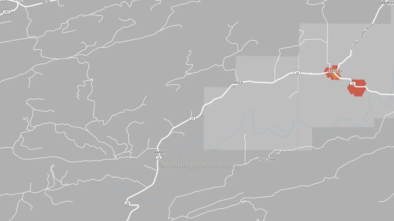 Walk Grade map of 72841, AR, walkable areas in green and car-dependent areas in red