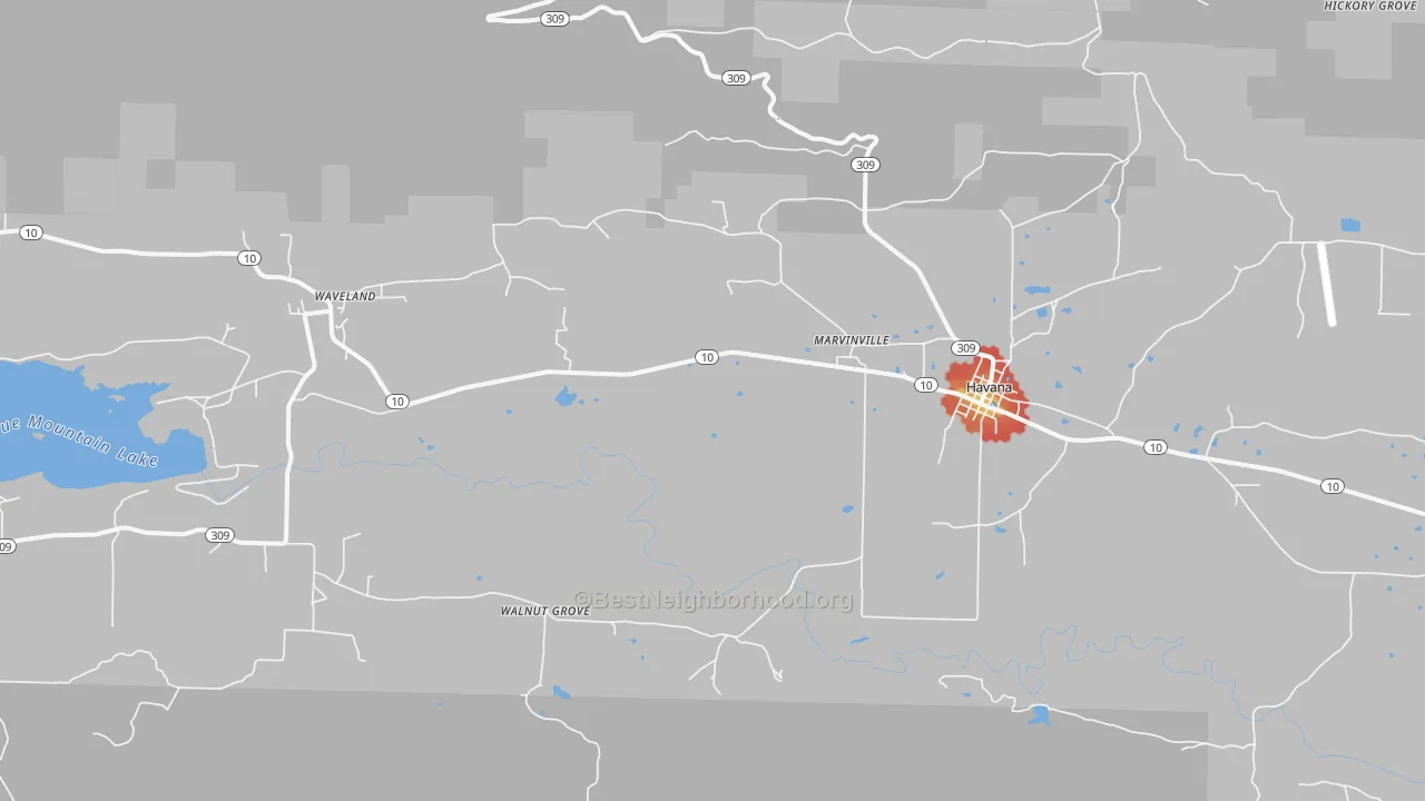 Walk Grade map of 72842, AR, walkable areas in green and car-dependent areas in red