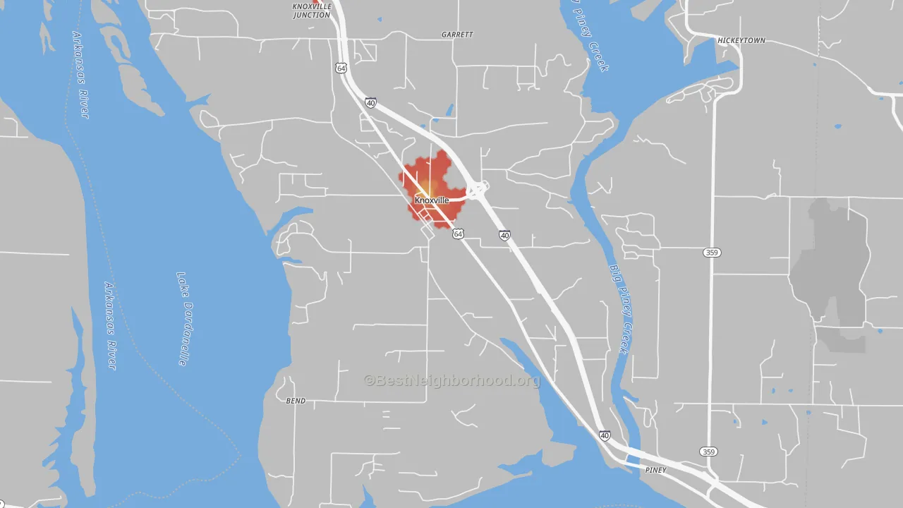 Walk Grade map of 72845, AR, walkable areas in green and car-dependent areas in red