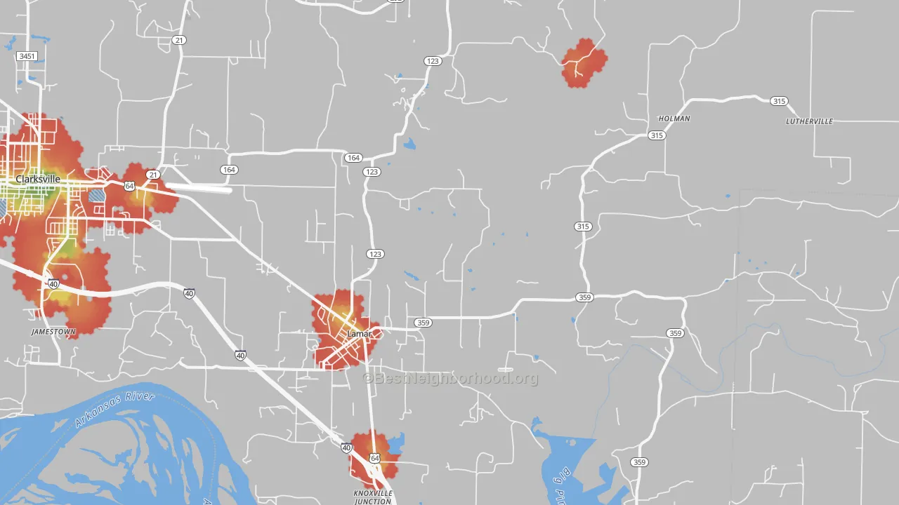 Walk Grade map of 72846, AR, walkable areas in green and car-dependent areas in red