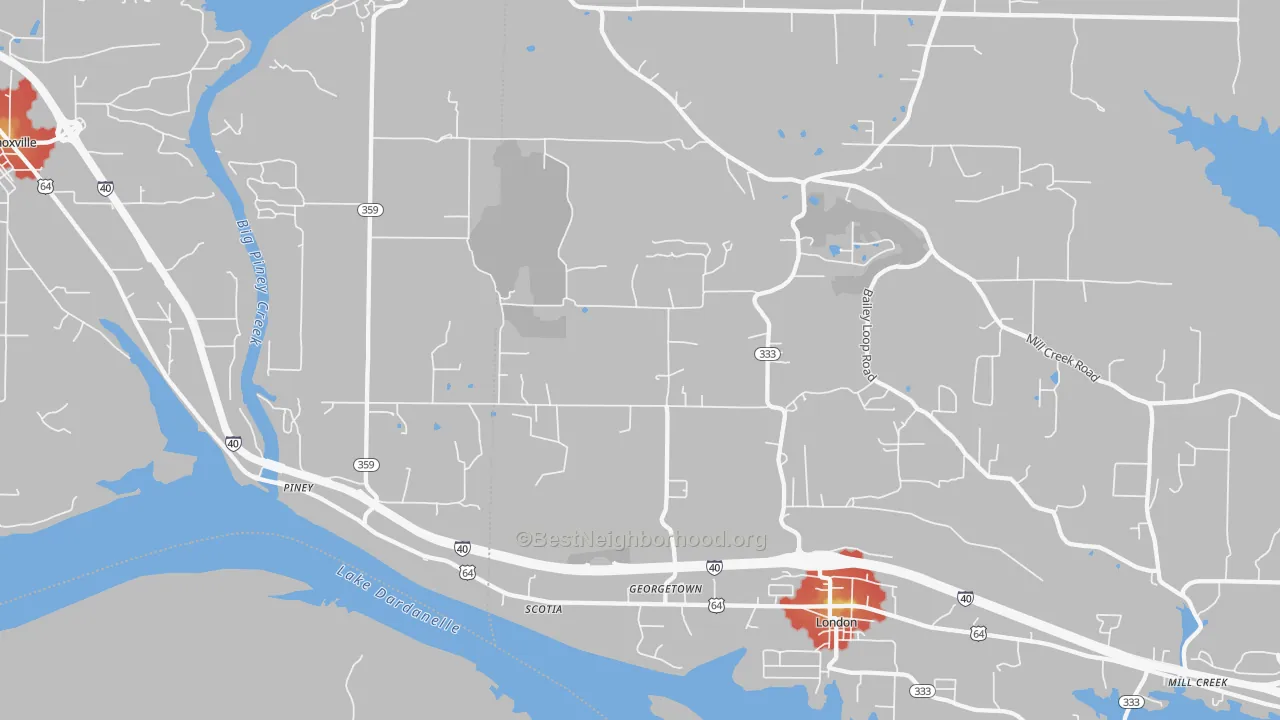 Walk Grade map of 72847, AR, walkable areas in green and car-dependent areas in red