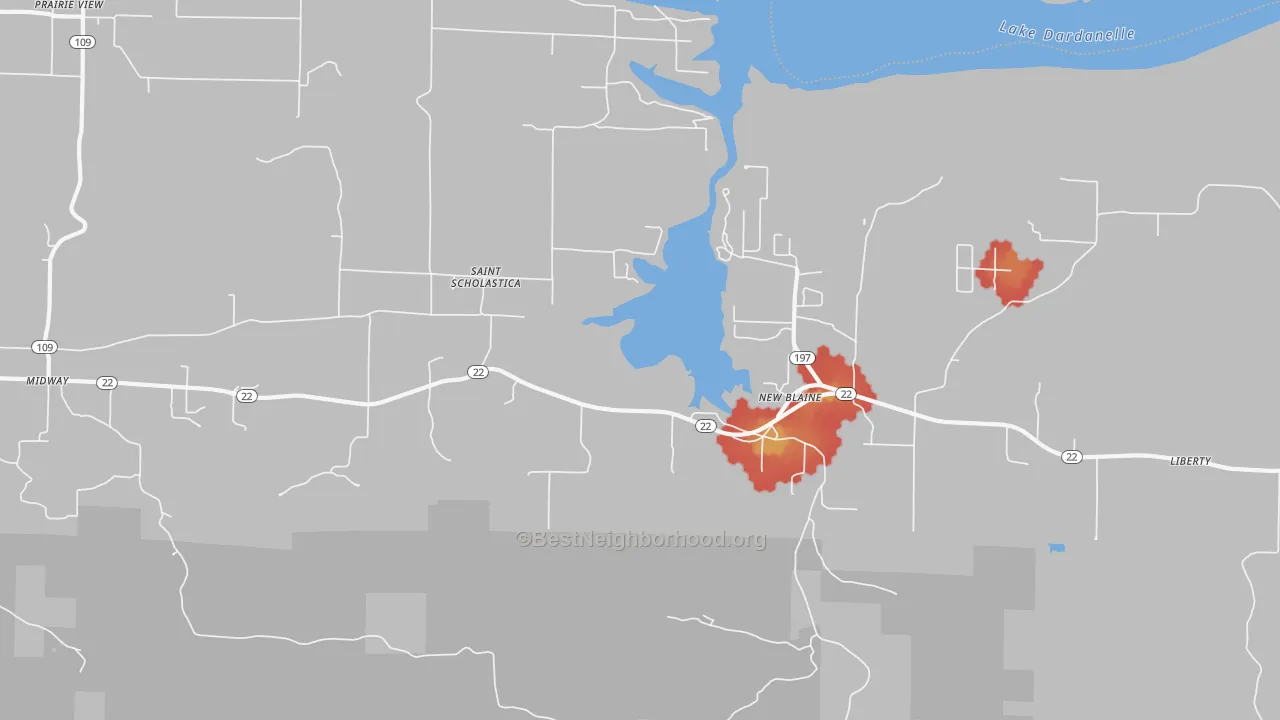Walk Grade map of 72851, AR, walkable areas in green and car-dependent areas in red