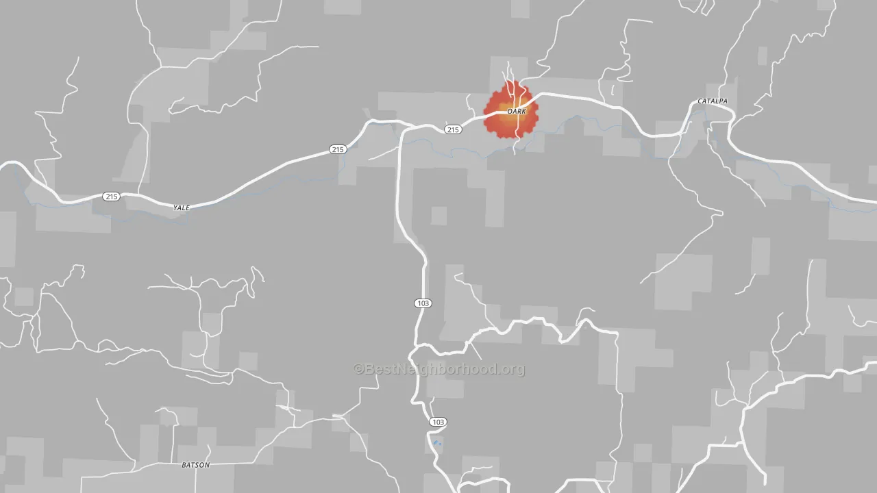 Walk Grade map of 72852, AR, walkable areas in green and car-dependent areas in red