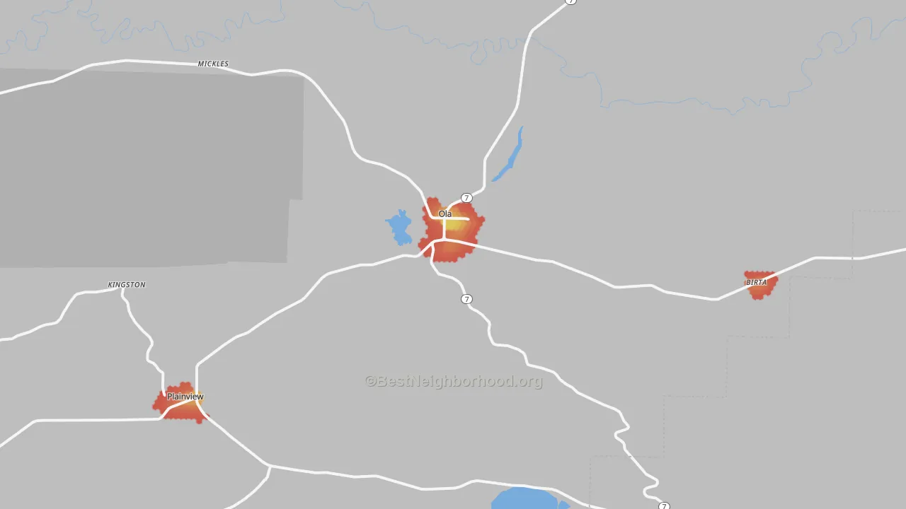 Walk Grade map of 72853, AR, walkable areas in green and car-dependent areas in red