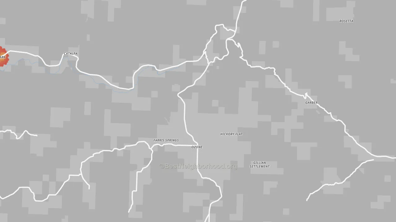 Walk Grade map of 72854, AR, walkable areas in green and car-dependent areas in red