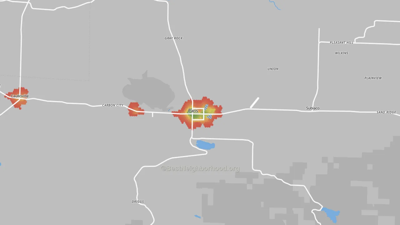 Walk Grade map of 72855, AR, walkable areas in green and car-dependent areas in red