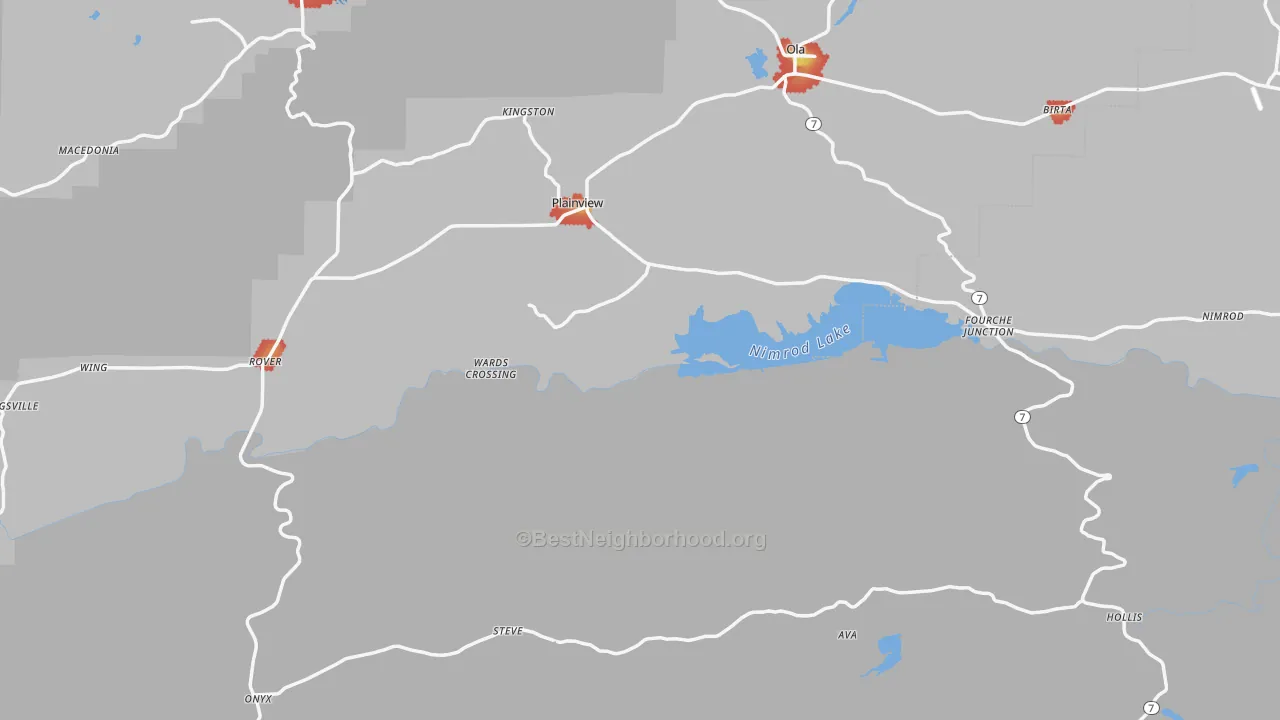 Walk Grade map of 72857, AR, walkable areas in green and car-dependent areas in red