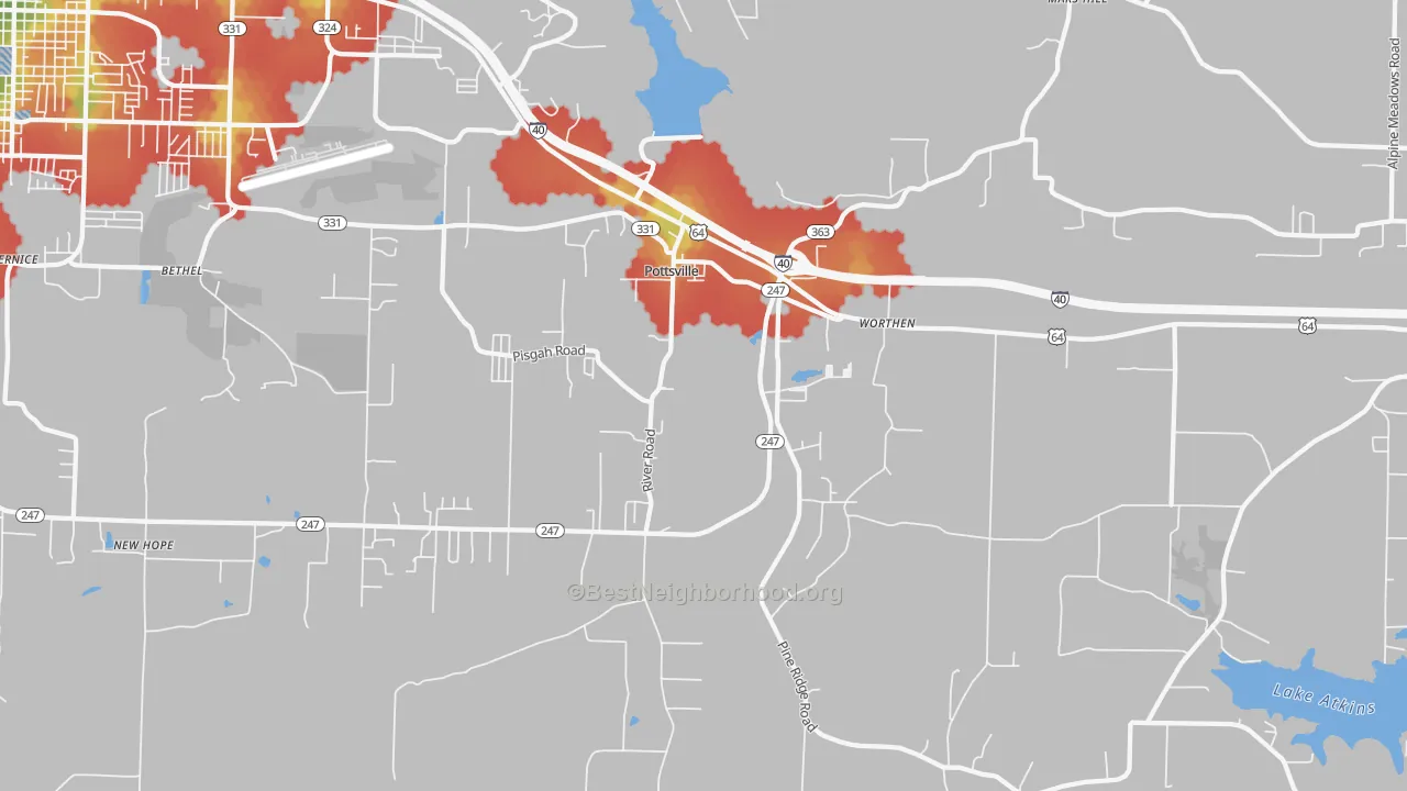 Walk Grade map of 72858, AR, walkable areas in green and car-dependent areas in red