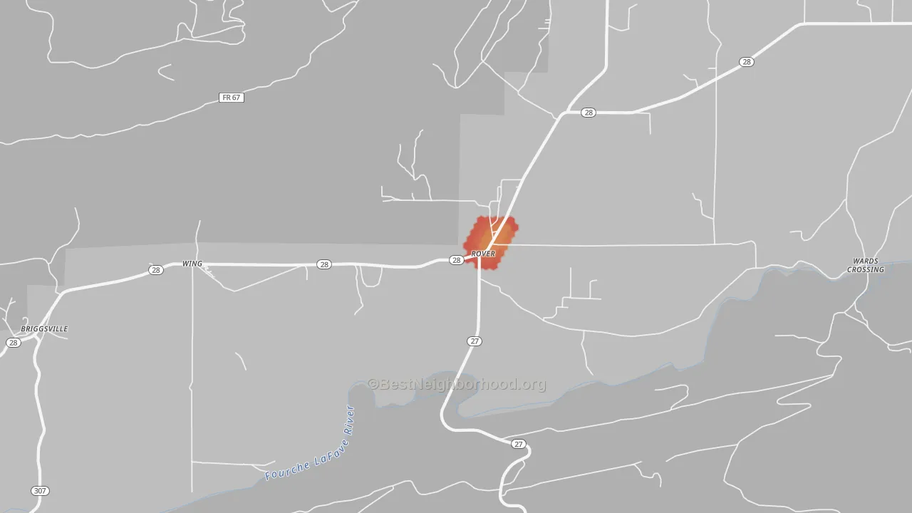 Walk Grade map of 72860, AR, walkable areas in green and car-dependent areas in red