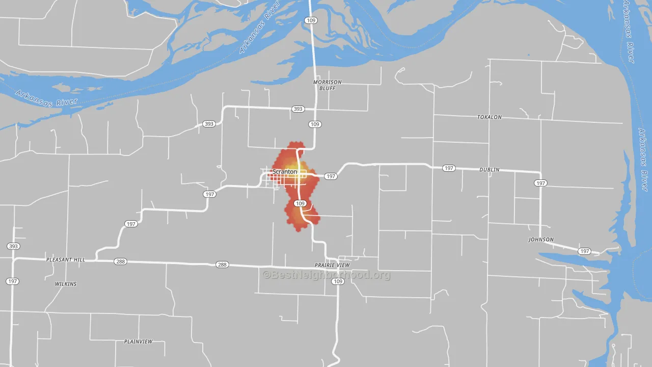 Walk Grade map of 72863, AR, walkable areas in green and car-dependent areas in red