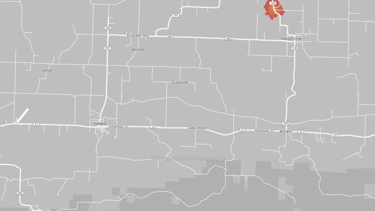 Walk Grade map of 72865, AR, walkable areas in green and car-dependent areas in red