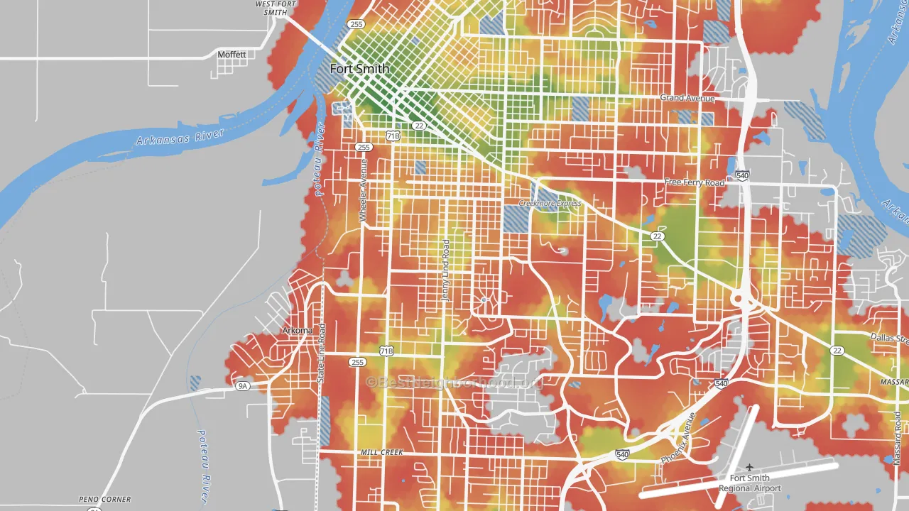 Walk Grade map of 72901, AR, walkable areas in green and car-dependent areas in red