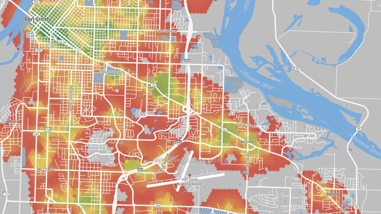 Walk Grade map of 72903, AR, walkable areas in green and car-dependent areas in red