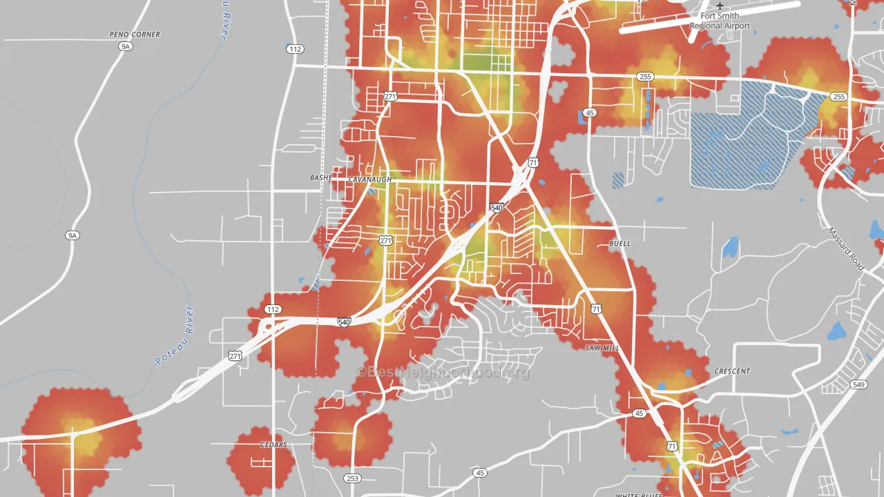 Walk Grade map of 72908, AR, walkable areas in green and car-dependent areas in red