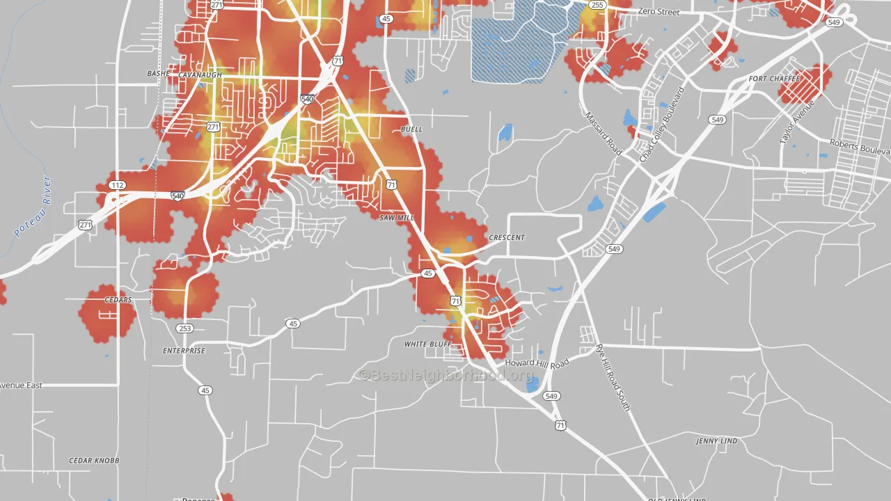 Walk Grade map of 72916, AR, walkable areas in green and car-dependent areas in red