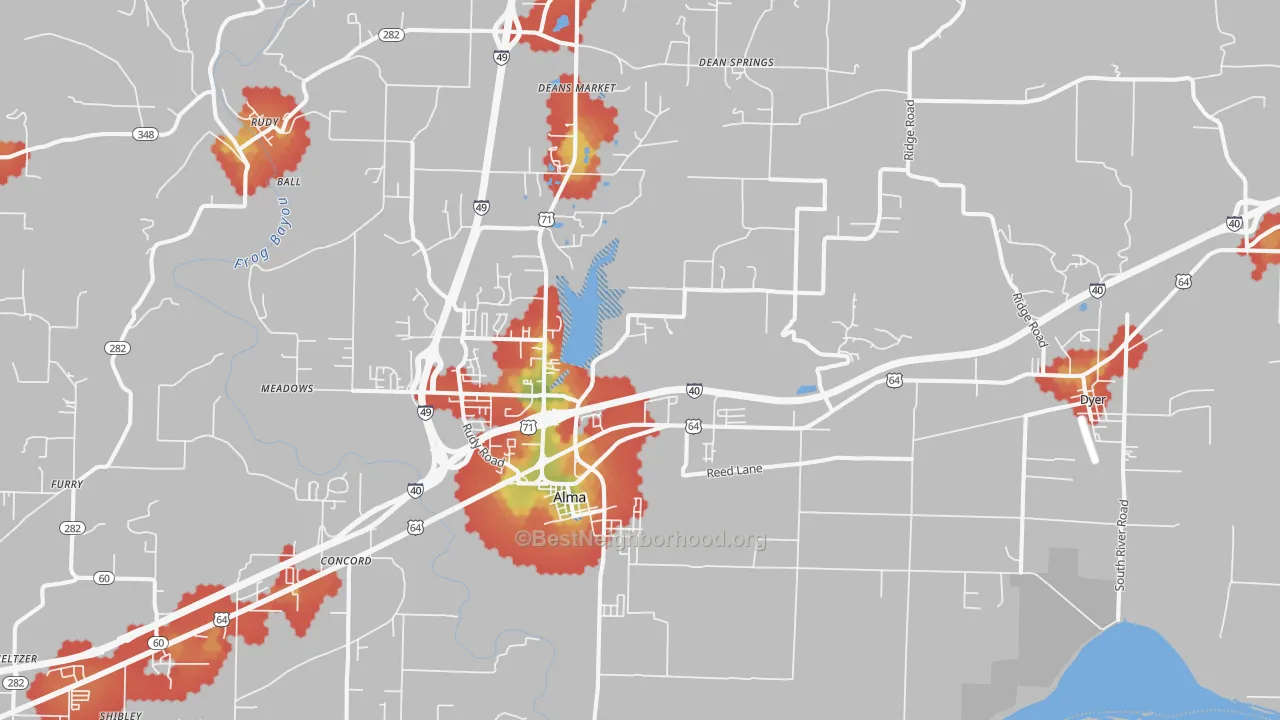 Walk Grade map of 72921, AR, walkable areas in green and car-dependent areas in red