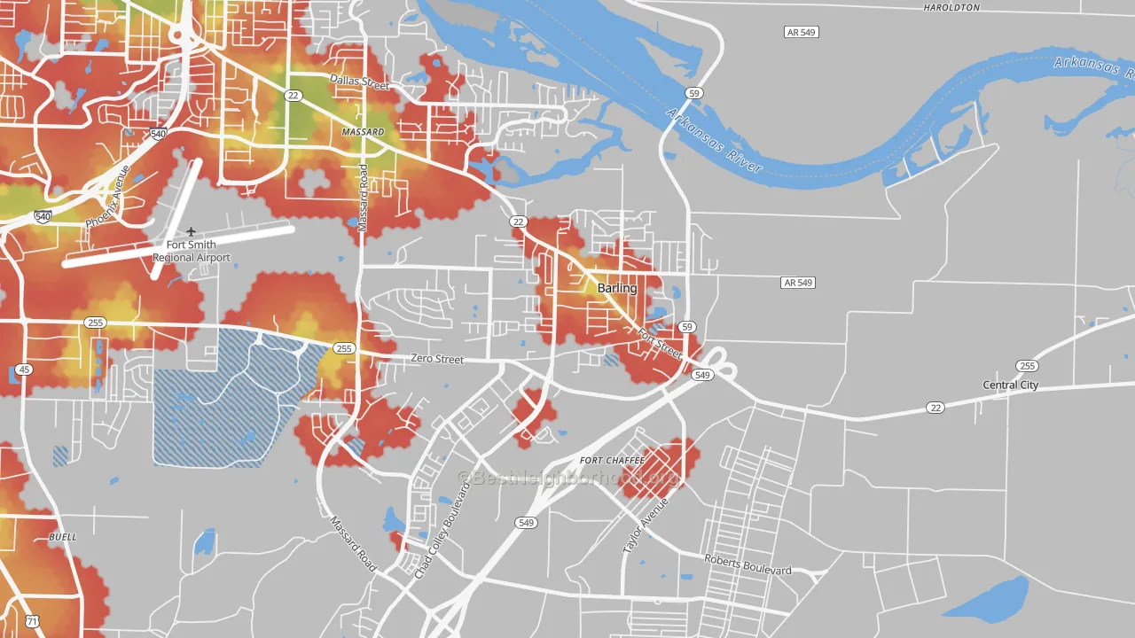 Walk Grade map of 72923, AR, walkable areas in green and car-dependent areas in red