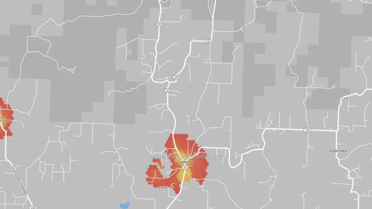 Walk Grade map of 72932, AR, walkable areas in green and car-dependent areas in red