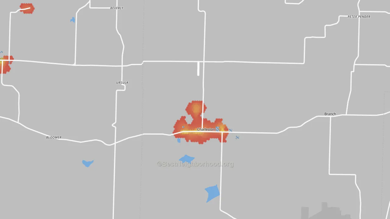 Walk Grade map of 72933, AR, walkable areas in green and car-dependent areas in red