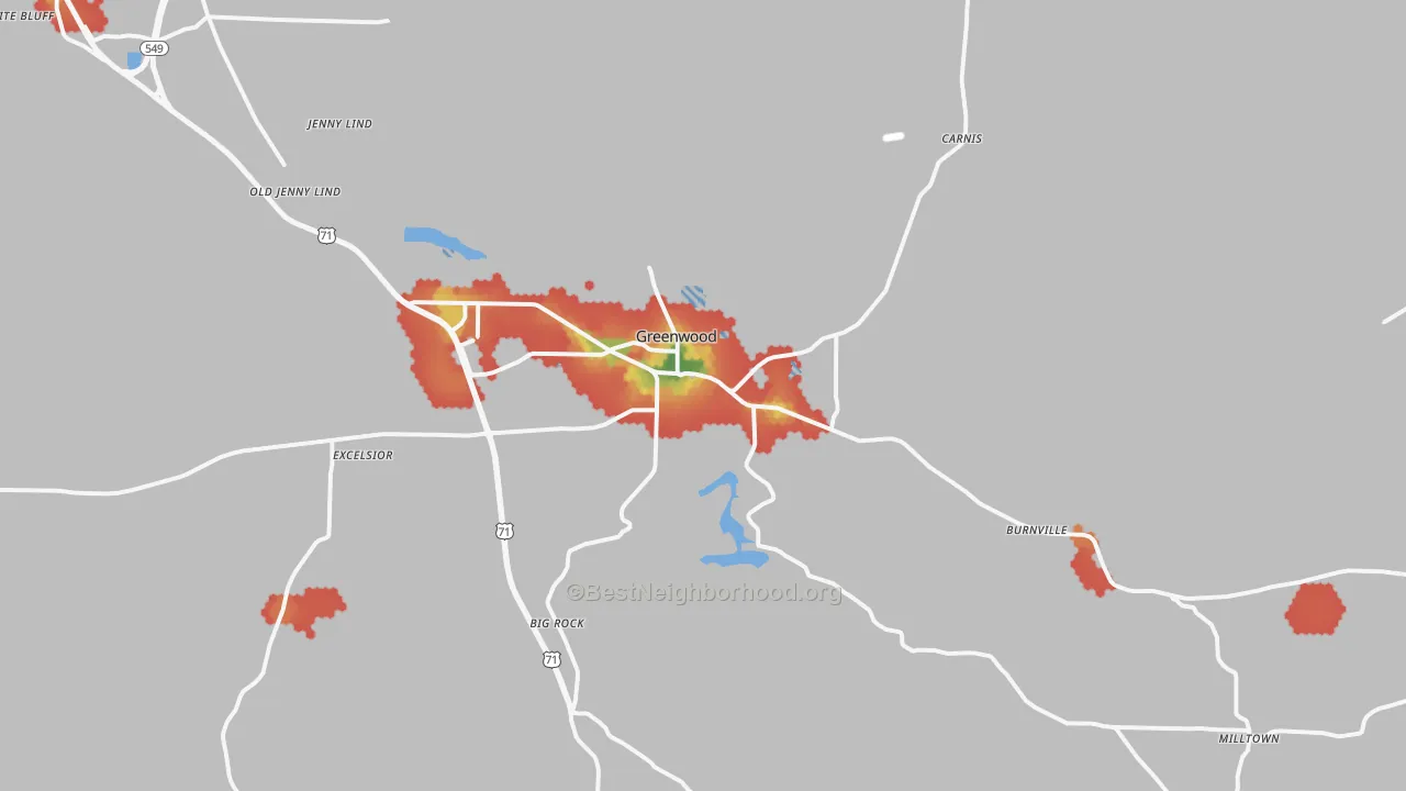 Walk Grade map of 72936, AR, walkable areas in green and car-dependent areas in red