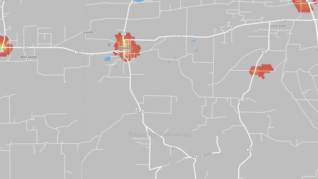Walk Grade map of 72937, AR, walkable areas in green and car-dependent areas in red