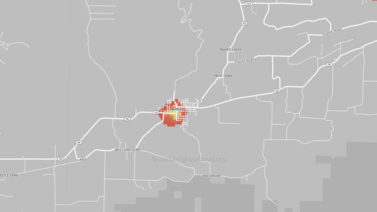 Walk Grade map of 72938, AR, walkable areas in green and car-dependent areas in red
