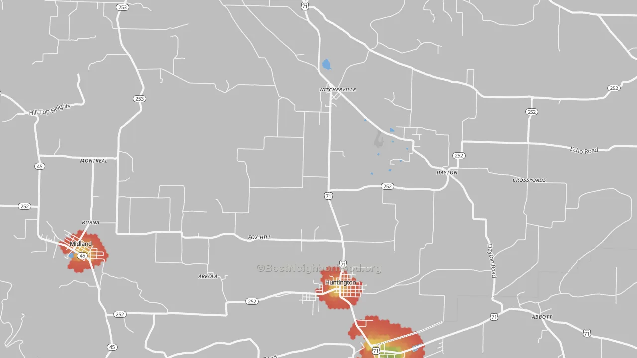 Walk Grade map of 72940, AR, walkable areas in green and car-dependent areas in red