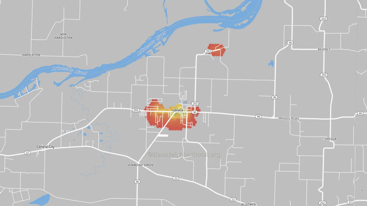 Walk Grade map of 72941, AR, walkable areas in green and car-dependent areas in red