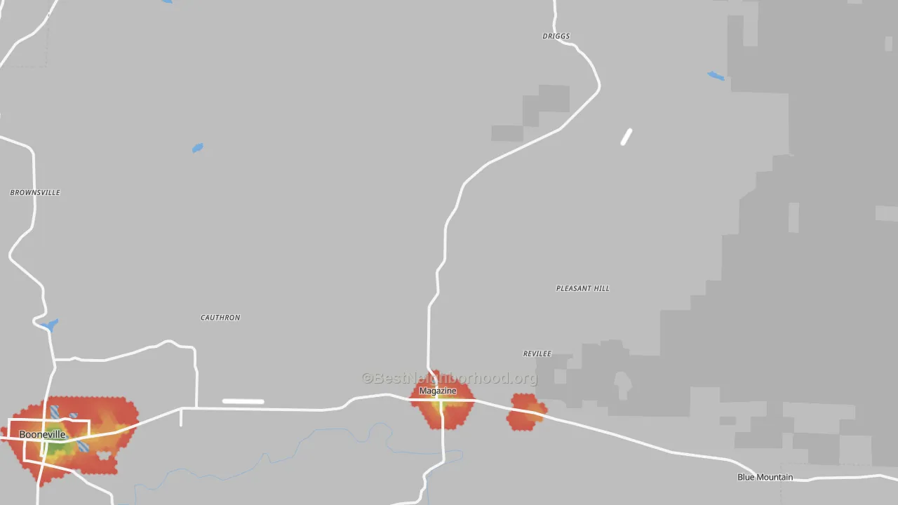 Walk Grade map of 72943, AR, walkable areas in green and car-dependent areas in red