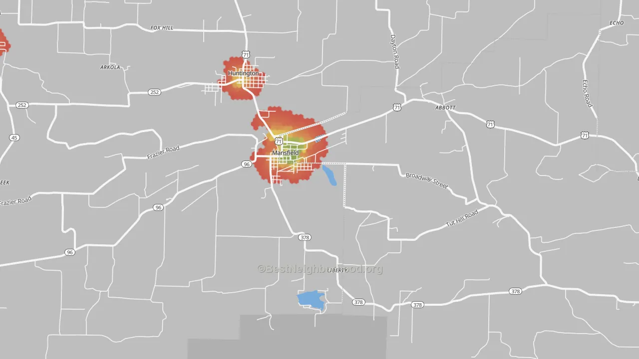 Walk Grade map of 72944, AR, walkable areas in green and car-dependent areas in red