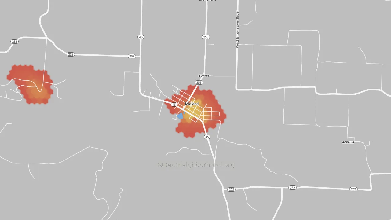 Walk Grade map of 72945, AR, walkable areas in green and car-dependent areas in red