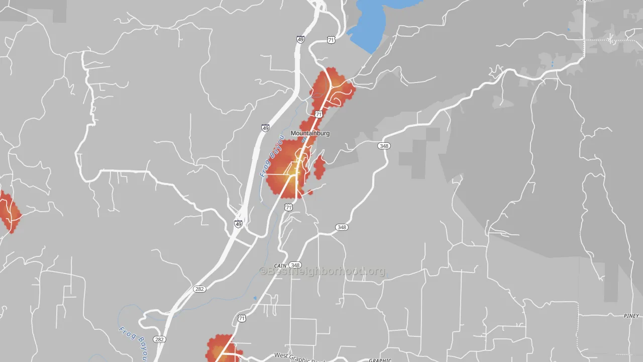 Walk Grade map of 72946, AR, walkable areas in green and car-dependent areas in red