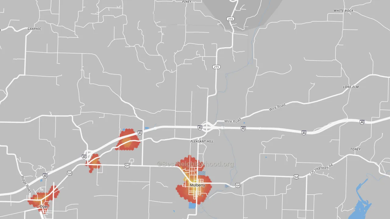 Walk Grade map of 72947, AR, walkable areas in green and car-dependent areas in red