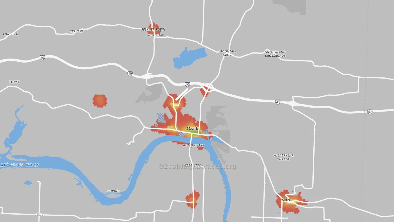 Walk Grade map of 72949, AR, walkable areas in green and car-dependent areas in red