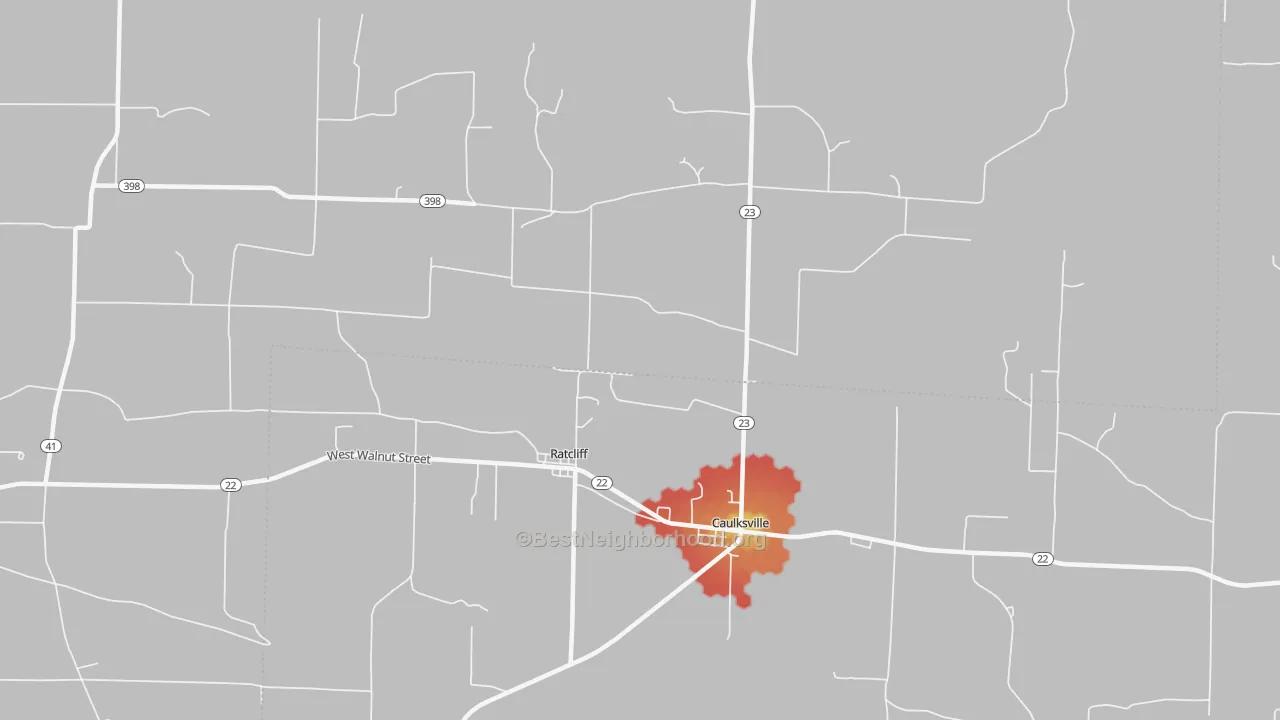 Walk Grade map of 72951, AR, walkable areas in green and car-dependent areas in red
