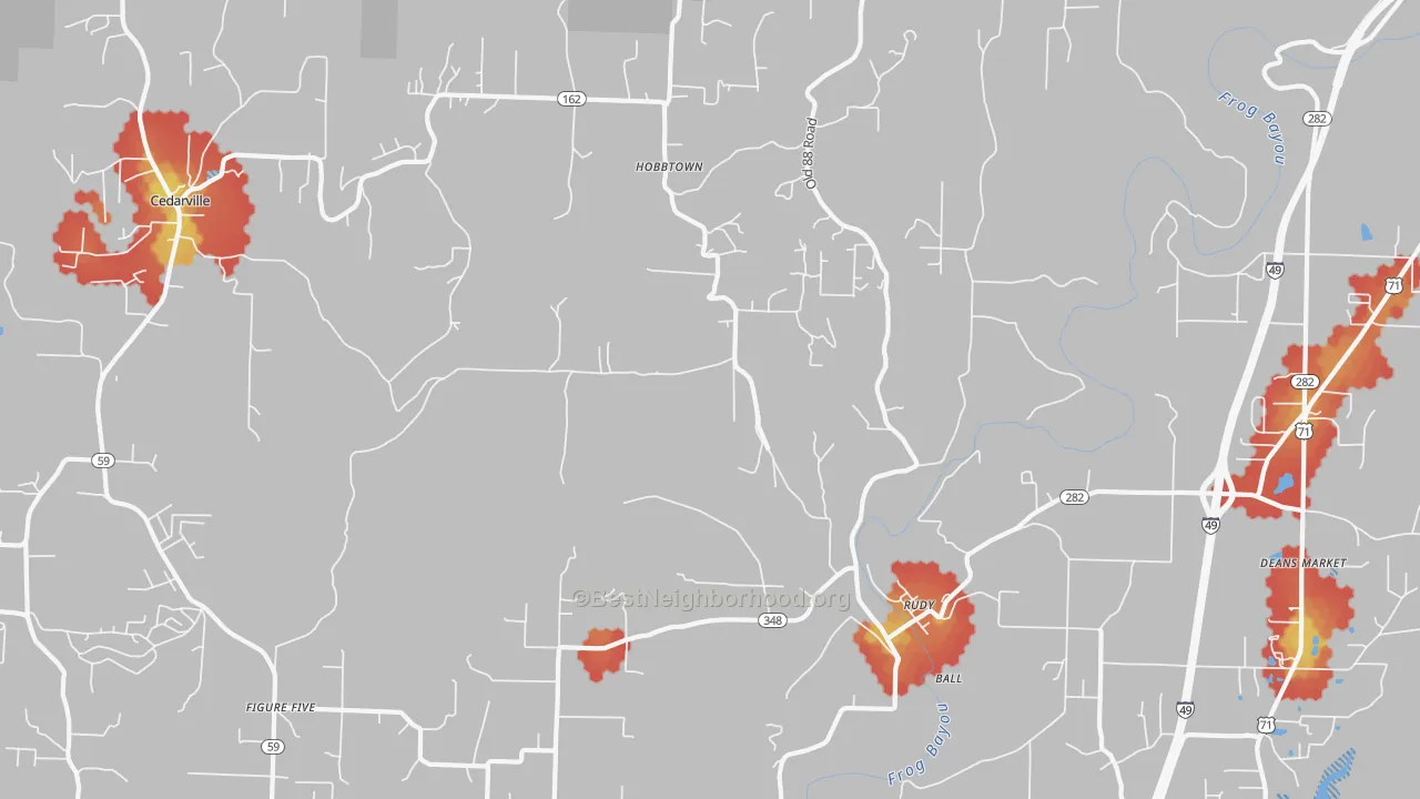Walk Grade map of 72952, AR, walkable areas in green and car-dependent areas in red