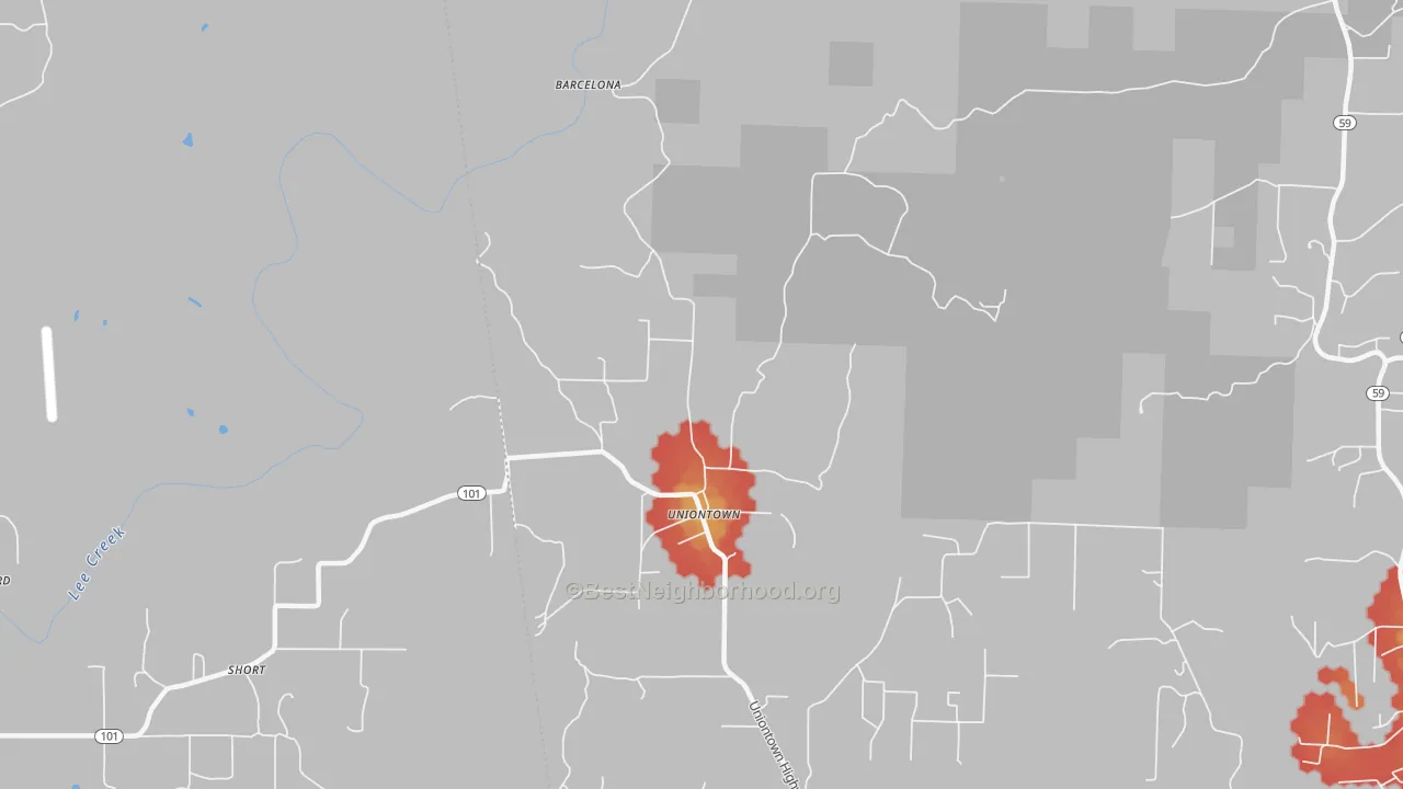 Walk Grade map of 72955, AR, walkable areas in green and car-dependent areas in red