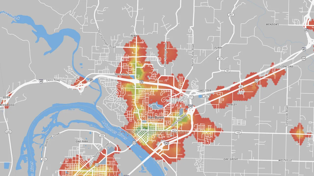 Walk Grade map of 72956, AR, walkable areas in green and car-dependent areas in red