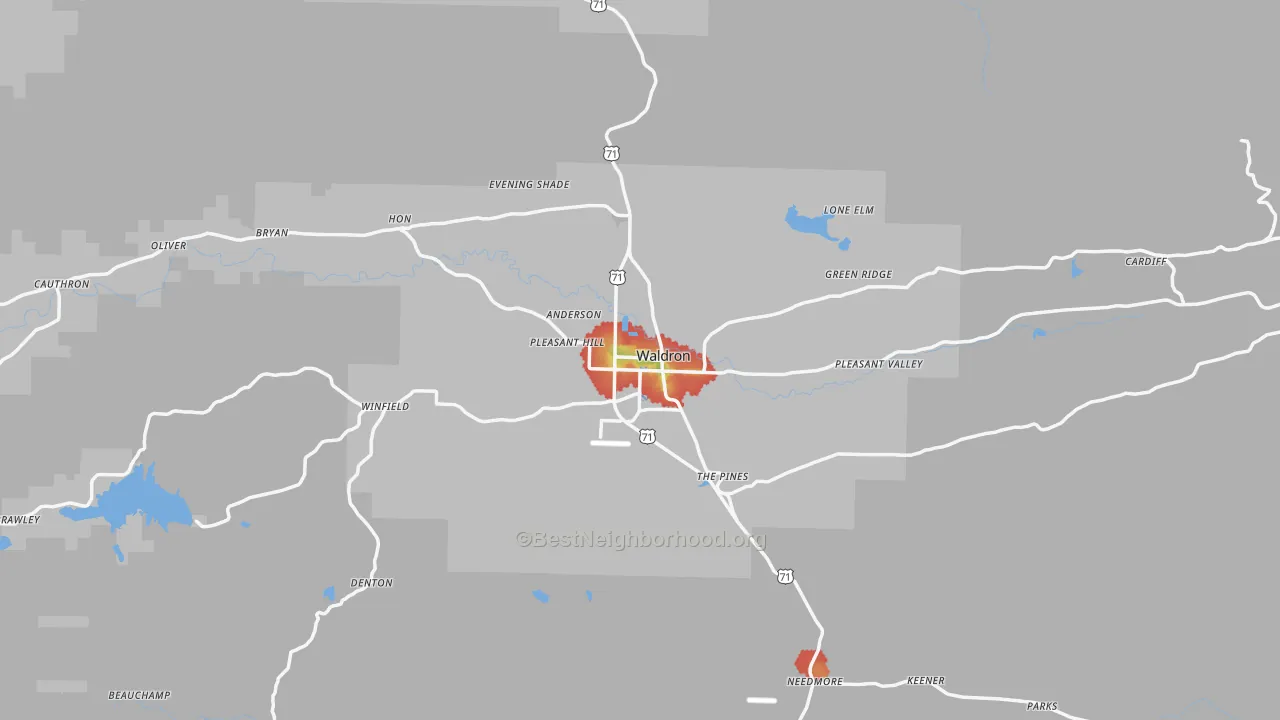 Walk Grade map of 72958, AR, walkable areas in green and car-dependent areas in red